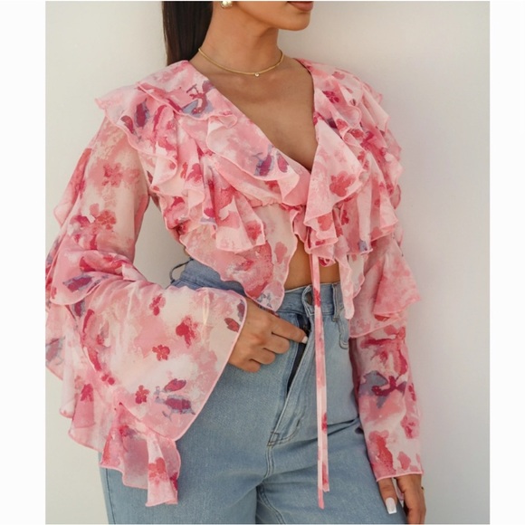 Pink festival rave JLuxLabel S top wrap open flutter ruffle party concert yvanna - Picture 2 of 8